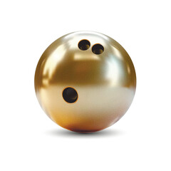 A realistic vector illustration depicting a golden bowling ball striking and scattering shiny pins.