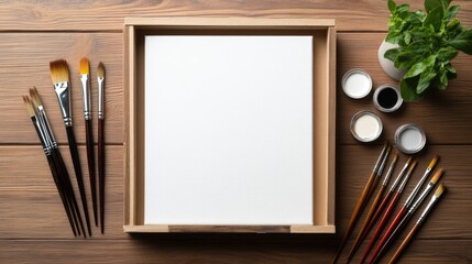 Obraz premium Wooden box with blank canvas, paint, and brushes on table