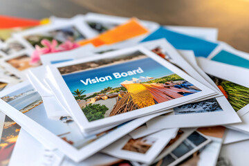 Macro shot of a vision board section featuring colorful goal-setting cutouts