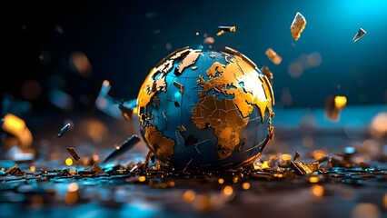 A partially shattered globe with metallic continents, surrounded by floating debris, creating a dramatic and futuristic effect. Concept Futuristic Globe Design, Metallic Continents