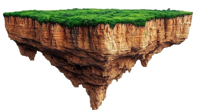 Floating island with lush green vegetation and rocky cliffs.