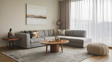 Pouf and wooden table in modern living room Interior with painting above grey corner couch.