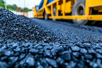 Obraz premium Freshly laid asphalt with paving machine on road construction site