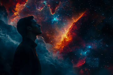 A man in silhouette in profile, gazing at a vibrant nebula, against a stunning, cinematic space backdrop.