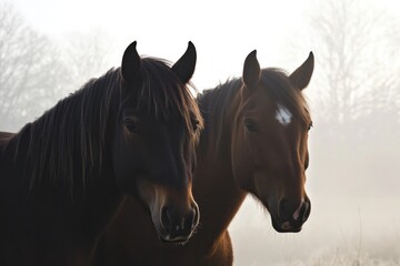 Majestic horses stand together in misty surroundings, showcasing
