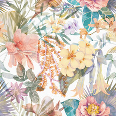 Seamless tropical pattern with exotic leaves and flowers. Tropical wallpaper painted watercolor