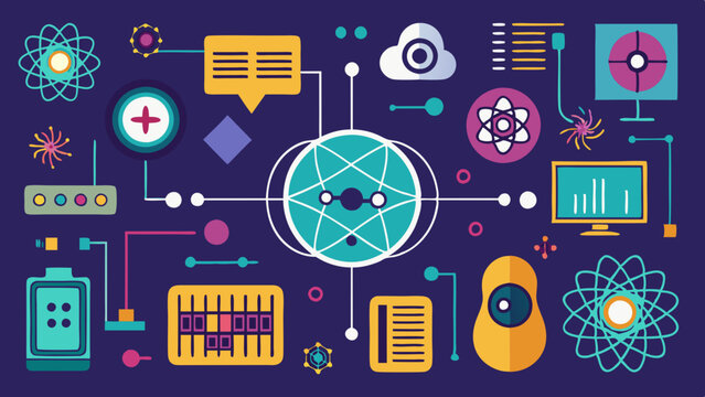 AI Generated vector science and technology illustration featuring central network molecule surrounded by icons of computing, biology, energy, data exchange, research ideal for futuristic design themes