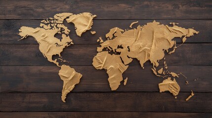 World map, crumpled gold, dark wood background