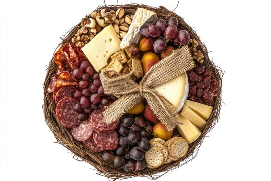 A delectable charcuterie arrangement featuring cheeses, salami, grapes, nuts, and crackers in a rustic nest.