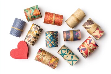 Colorful rolled paper tubes tied with twine, a red heart nearby.