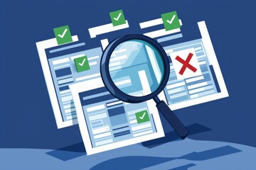 A magnifying glass icon on multiple web pages with check marks and X's. To fact check all the received information