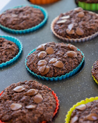  chocolate banana muffins on light background