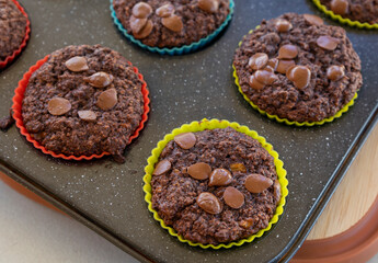  chocolate banana muffins on light background