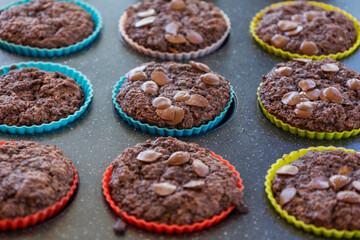  chocolate banana muffins on light background