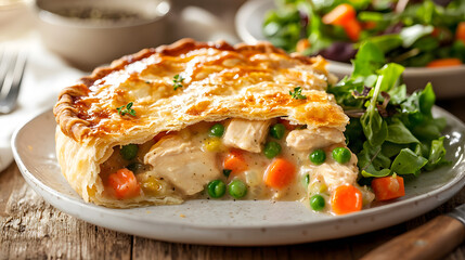 Perfectly Golden Brown Chicken Pot Pie Served with Fresh Garden Salad on Wooden Table
