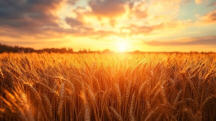Obraz premium Golden Wheat Field Bathed in Warm Sunlight Under Vibrant Sunset Sky Creating a Peaceful Atmosphere