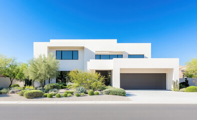 Modern minimalist residential home surrounded by lush desert landscaping