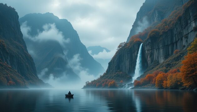 A solitary rower finding peace among majestic mountains and a cascading waterfall with calming cool tones