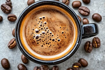 Closeup Espresso Coffee Cup with Beans