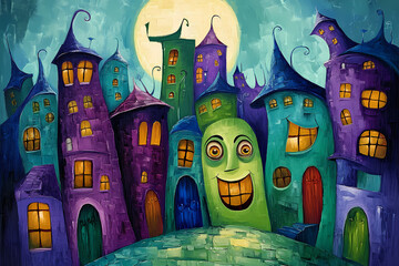 Obraz premium Whimsical Town: A fantastical illustration of a whimsical town, filled with colorful, quirky buildings and a cheerful, oversized character, set against the backdrop of a large, luminous moon.