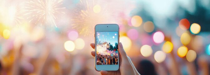 Capturing fireworks festival moments using a smartphone during a joyful celebration