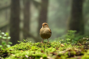 Sparrow on Mossy Forest Floor