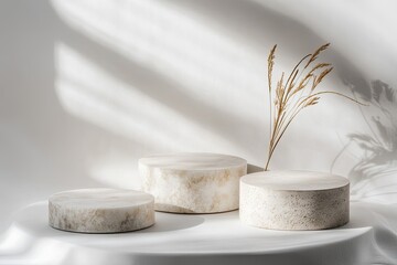 Minimalist, cream-colored podiums with dried grasses, sunlit backdrop