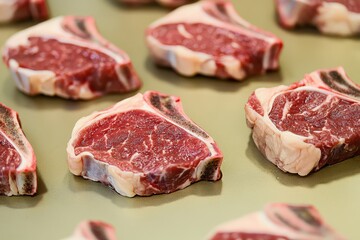 Multiple raw uncooked lamb chops arranged on a flat surface