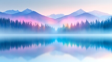 Serene misty lake reflecting colorful sunrise mountains.