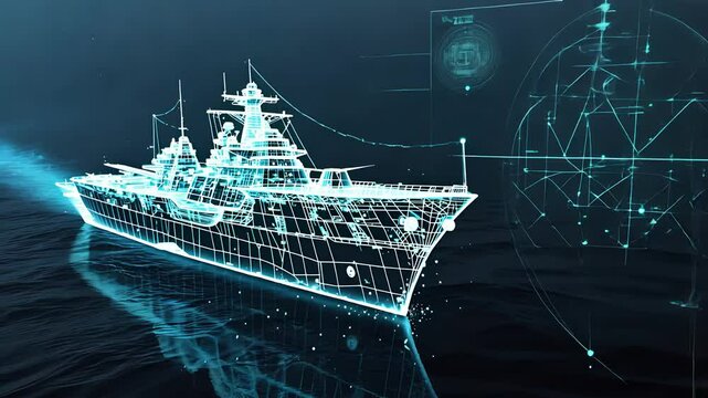 Futuristic digital wireframe warship on ocean surface with glowing holographic interface and naval technology graphics

