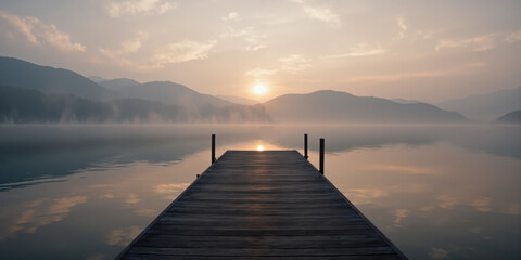 Obraz premium Sunrise Over Foggy Lake Dock A medium shot of a wooden dock jutting into a calm lake, partially cloaked