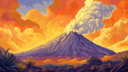 Majestic Volcanic Sunset Digital Painting of Erupting Volcano