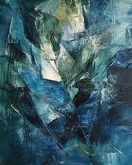 Obraz premium An abstract composition where fractured shards of metallic texture intertwine with smooth, flowing brush strokes of cool blues and greens.