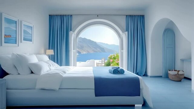 Relaxing hotel bedroom in Greece with blue decor and stunning sea view