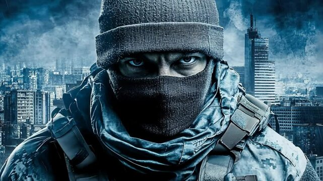 Military soldier in urban setting with intense gaze during nighttime operations