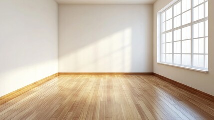 Obraz premium Bright and Airy Empty Room with Wooden Floor and Large Window