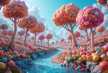 A whimsical candy land with lollipop trees and a sparkling river inviting exploration pastel colors and soft dreamy light