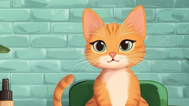 Friendly orange kitten with big eyes and a charming expression against a brick wall