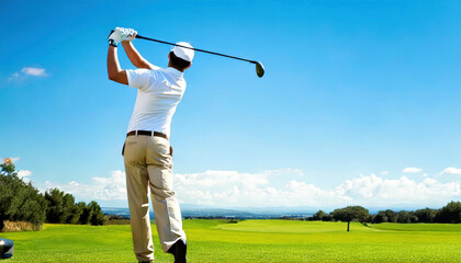 Golfer swinging his club on a beautiful sunny day