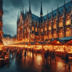 Obraz premium The market is surrounded by gothic buildings their windows aglow