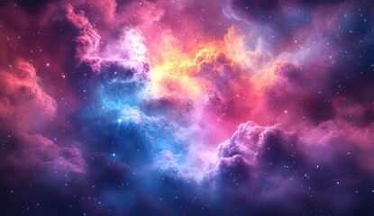 A vibrant nebula, filled with swirling clouds of cosmic dust and gas in a tapestry of pink, purple, and orange hues, speckled with distant stars.  Vast expanse of space