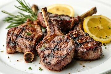 Grilled lamb chops are displayed on a white plate for serving