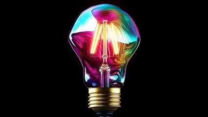 A vibrant, colorful light bulb with swirling patterns and glowing filaments against a black background. Concept Colorful Light Bulb, Swirling Patterns, Glowing Filaments, Black Background