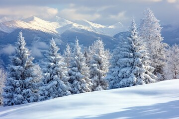 Snow-covered pine trees stand tall in the serene beauty of winter mountains.