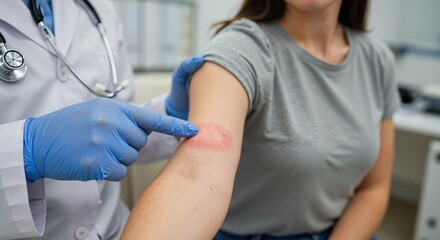 Doctor showing positive dairy allergy skin prick test result on patient’s arm in a medical office. lactose intolerancepositive result