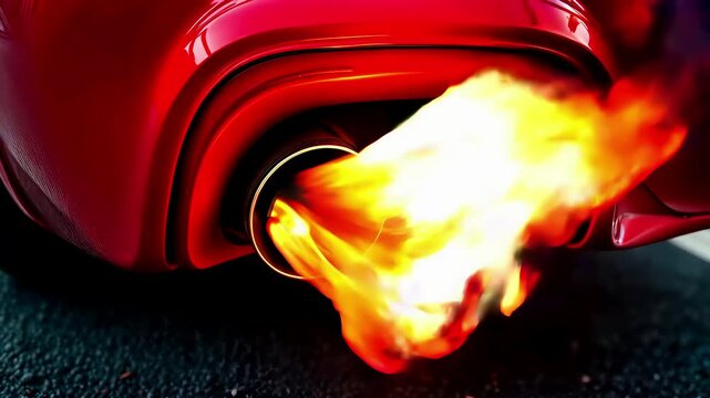 Red sportscar exhaust pipe with bright yellow flame burst. Fiery combustion from performance supercar engine. Intense burning discharge and heat emission during acceleration. Powerful vehicle backfire
