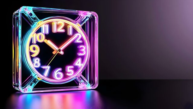 A neon clock with bright, colorful numbers and a sleek design, set against a dark background. Concept Neon Clock Design, Colorful Numbers, Sleek Aesthetic, Dark Background, Vibrant Home Decor