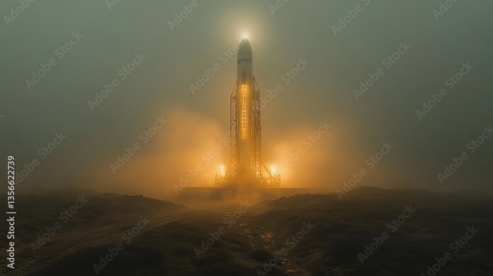 Poster a rocket stands ready for launch in thick fog, illuminated by strong lights. the scene captures the 
