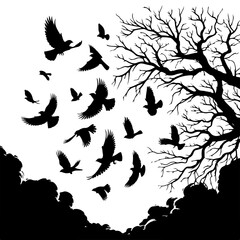 Obraz premium Flying Birds Vector, Bird Silhouette, Flock of Birds, Birds on Tree Branch, Tree Branch Vector, Bird Clipart, Black and White Birds, Nature Illustration, Minimalist Birds, Bird Outline