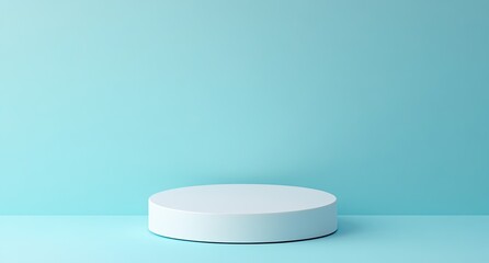 Simple, clean, minimalist white pedestal on a light teal background.  A blank, circular platform for product display